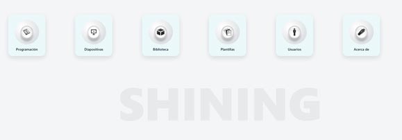 Panel de iconos con accesos a Programación, Diapositivas, Biblioteca, Plantillas, Usuarios y Acerca de