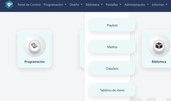 Menú principal del CMS con el desplegable de Biblioteca abierto: Playlists, Medios, DataSets y Tableros de menú