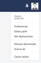 Menú de usuario con las opciones Preferencias, Editar perfil, Mis aplicaciones, Mostrar bienvenida, Acerca de y Cerrar sesión