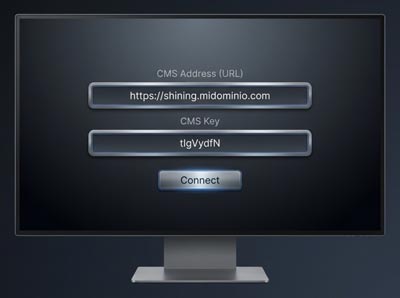 Pantalla de conexión del reproductor con los campos CMS Address y CMS Key y el botón Connect